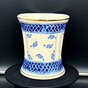 Vintage 1970's Bloomrite  Blue French Country Gold Trimmed Pottery Vase